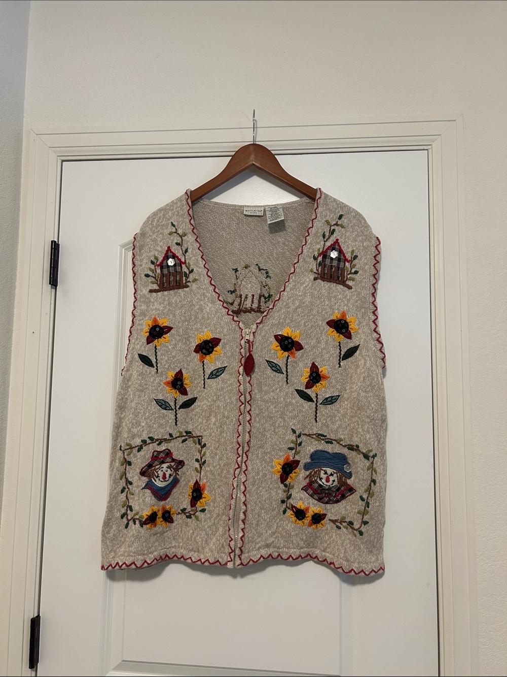 Fall Inspired Beige Embroidered Sunflower Button-Front Sweater Vest Grandma Core